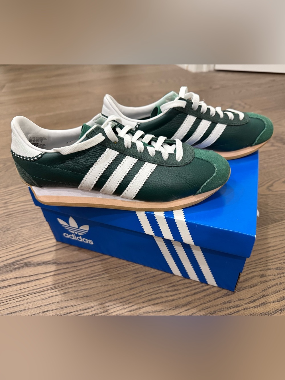 Women’s Adidas Green Leather Sneakers with White Stripes, Size 9